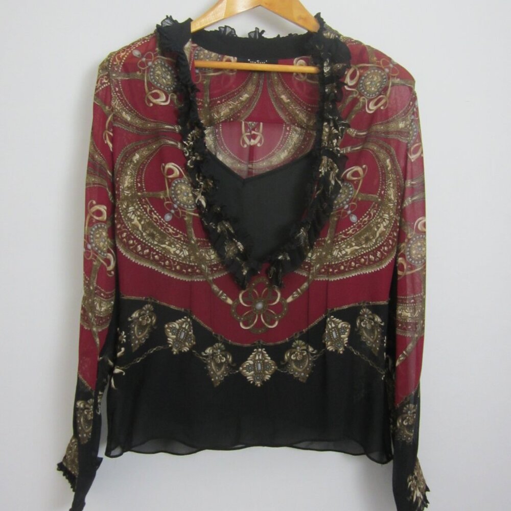 ECI New York Womens 8 Burgudy Purple Black Gold Silk LS V Neck Top Cami 2 Piece - Picture 8 of 9
